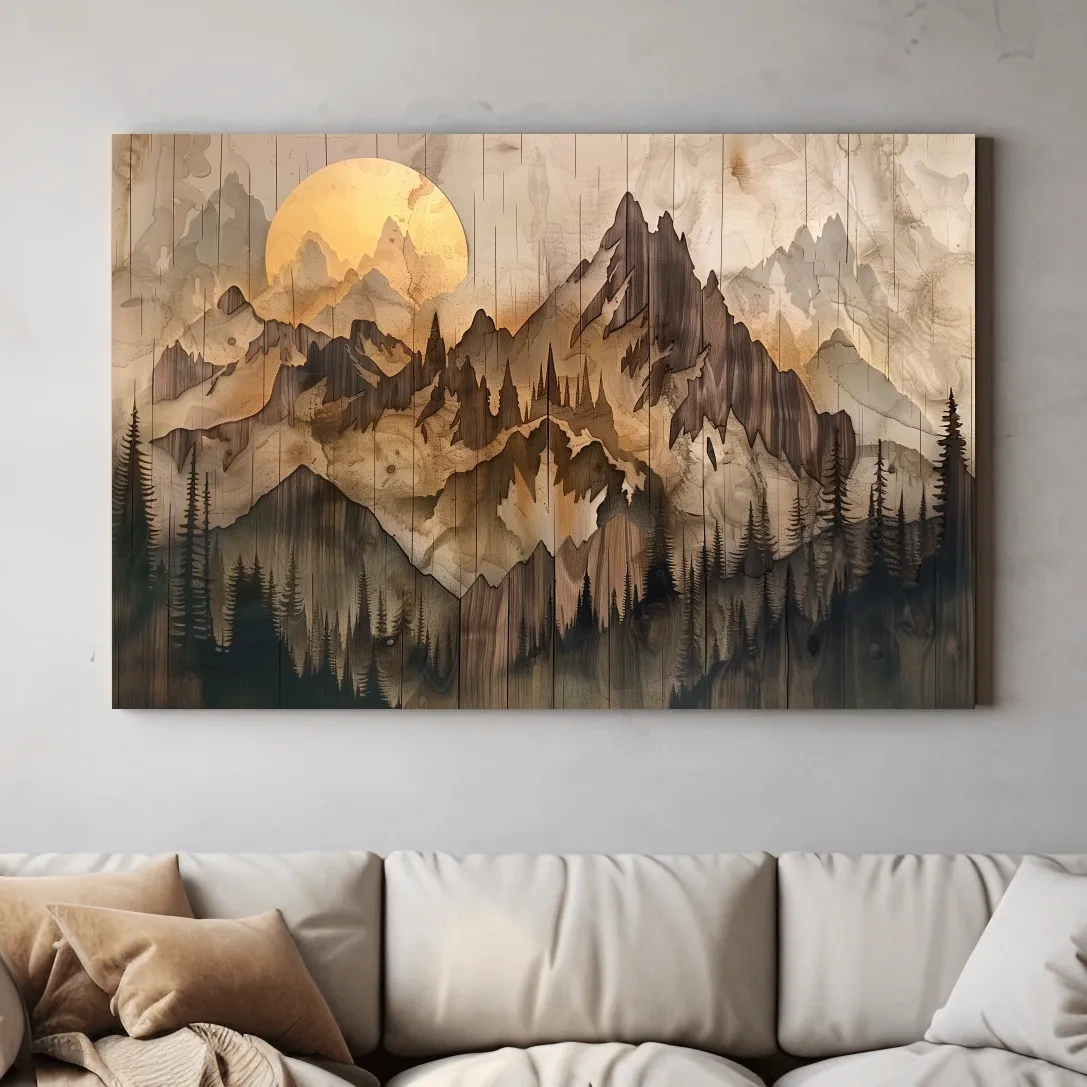 Rustic wood panel effect alpine mountain forest wall art, wood burning effect cabin artwork