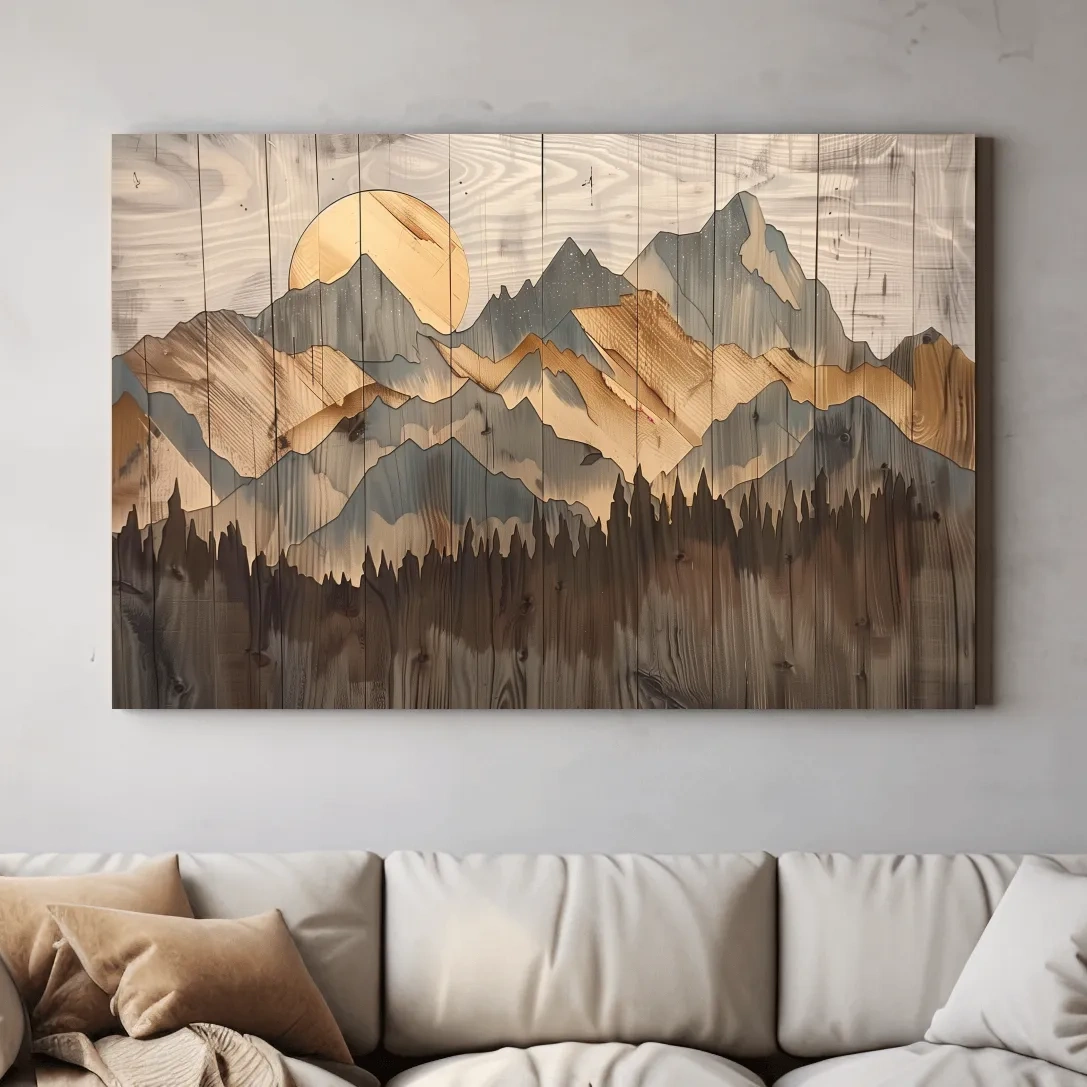 Rustic Mountain Range Sunrise - Woodgrain Style Forest Wall Art