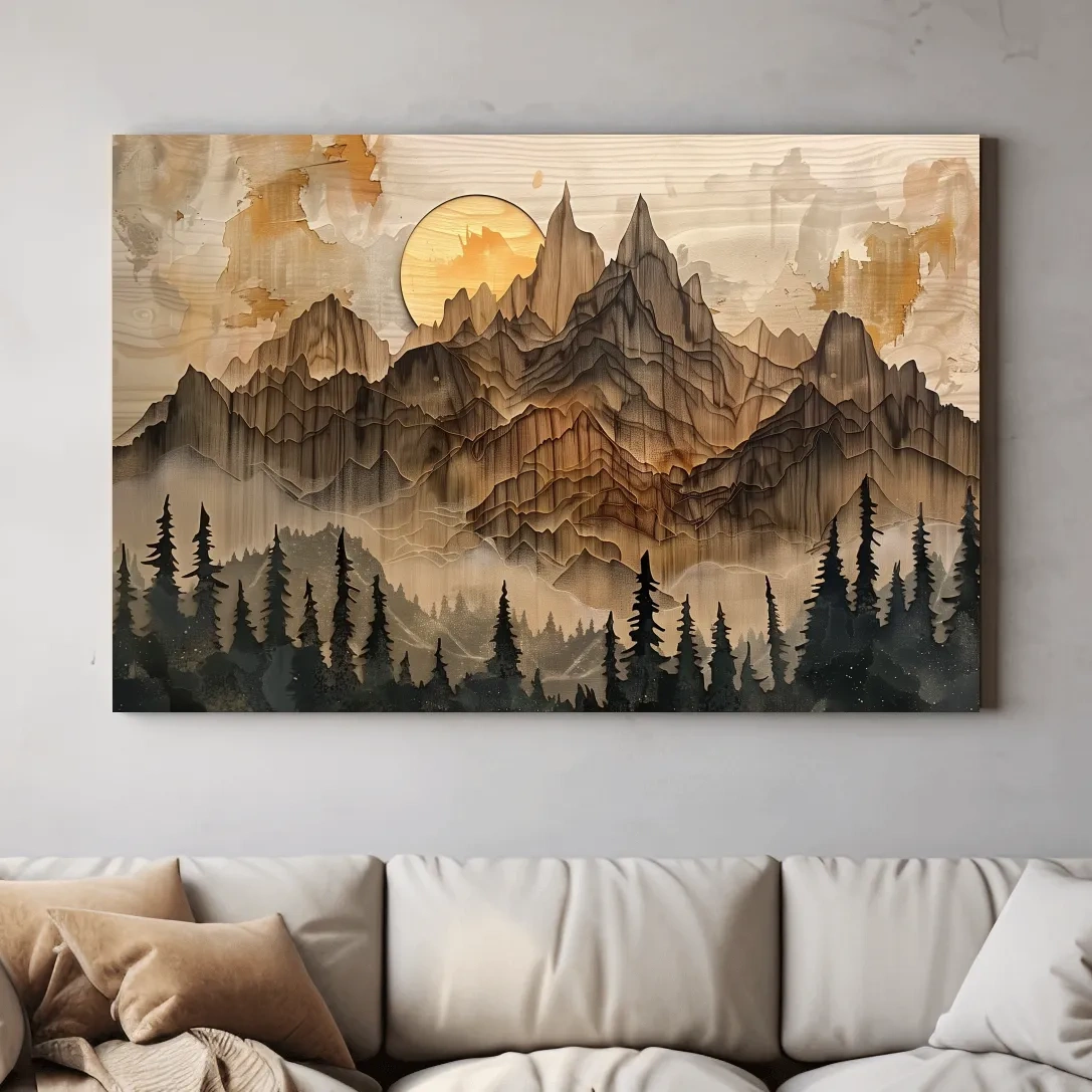 Mountain and forest artwork, rustic peeled paint on wood effect