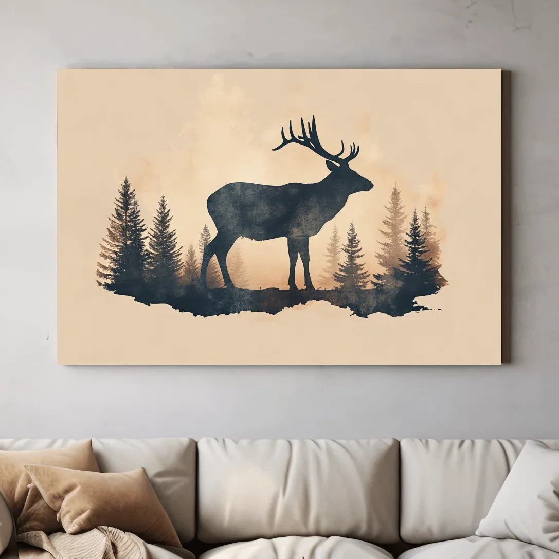 Vintage Sepia Deer Silhouette In Pine Forest - Rustic Woodland Artwork