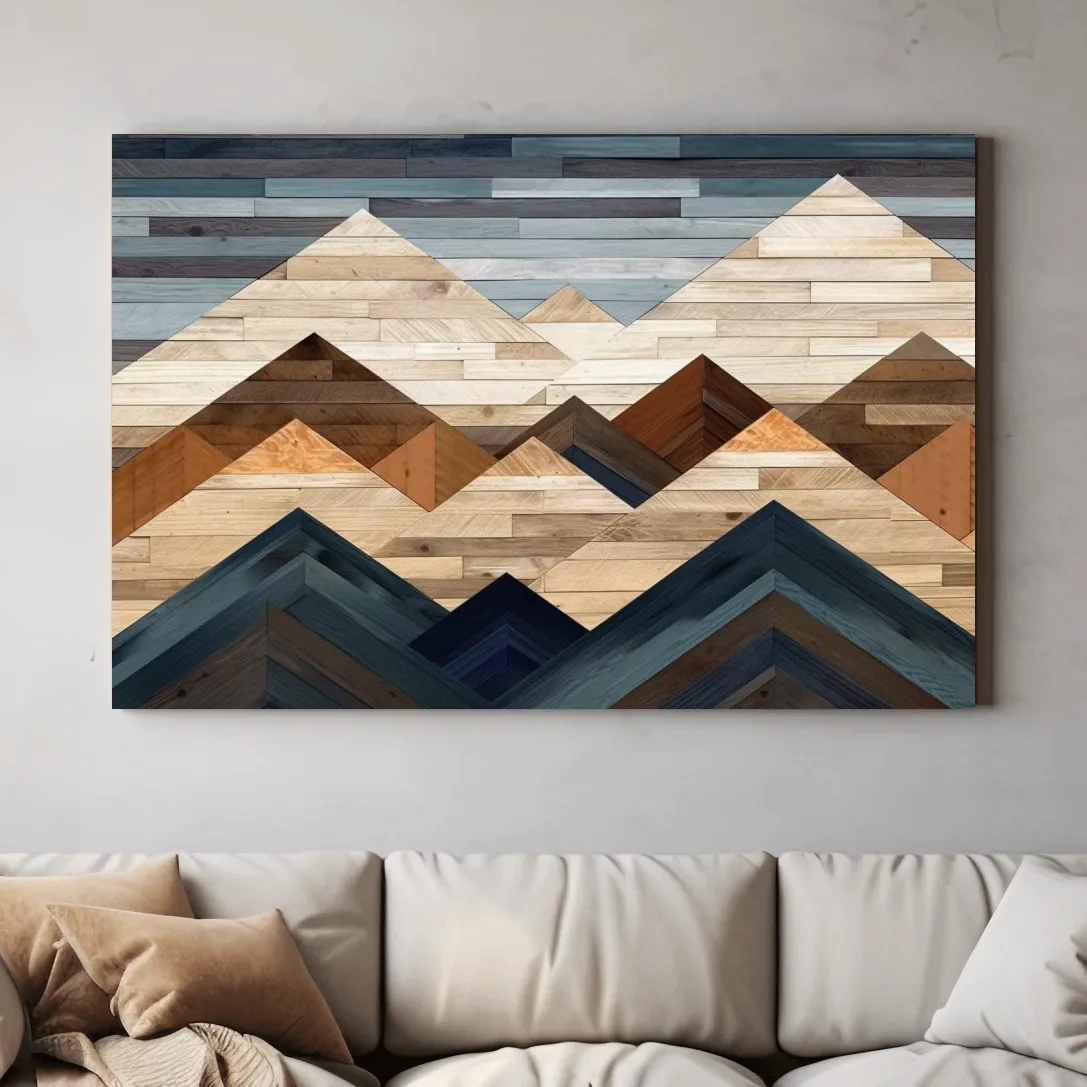 Geometric Reclaimed Wood Mountain Peaks - Modern Rustic Landscape Artwork