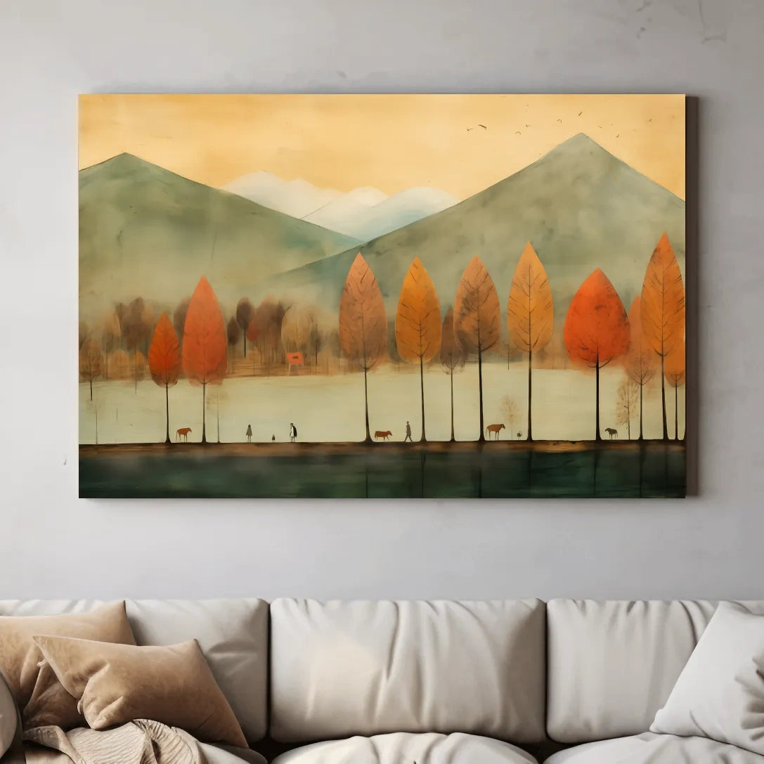 Textured painting of characters on a treelined lake in fall
