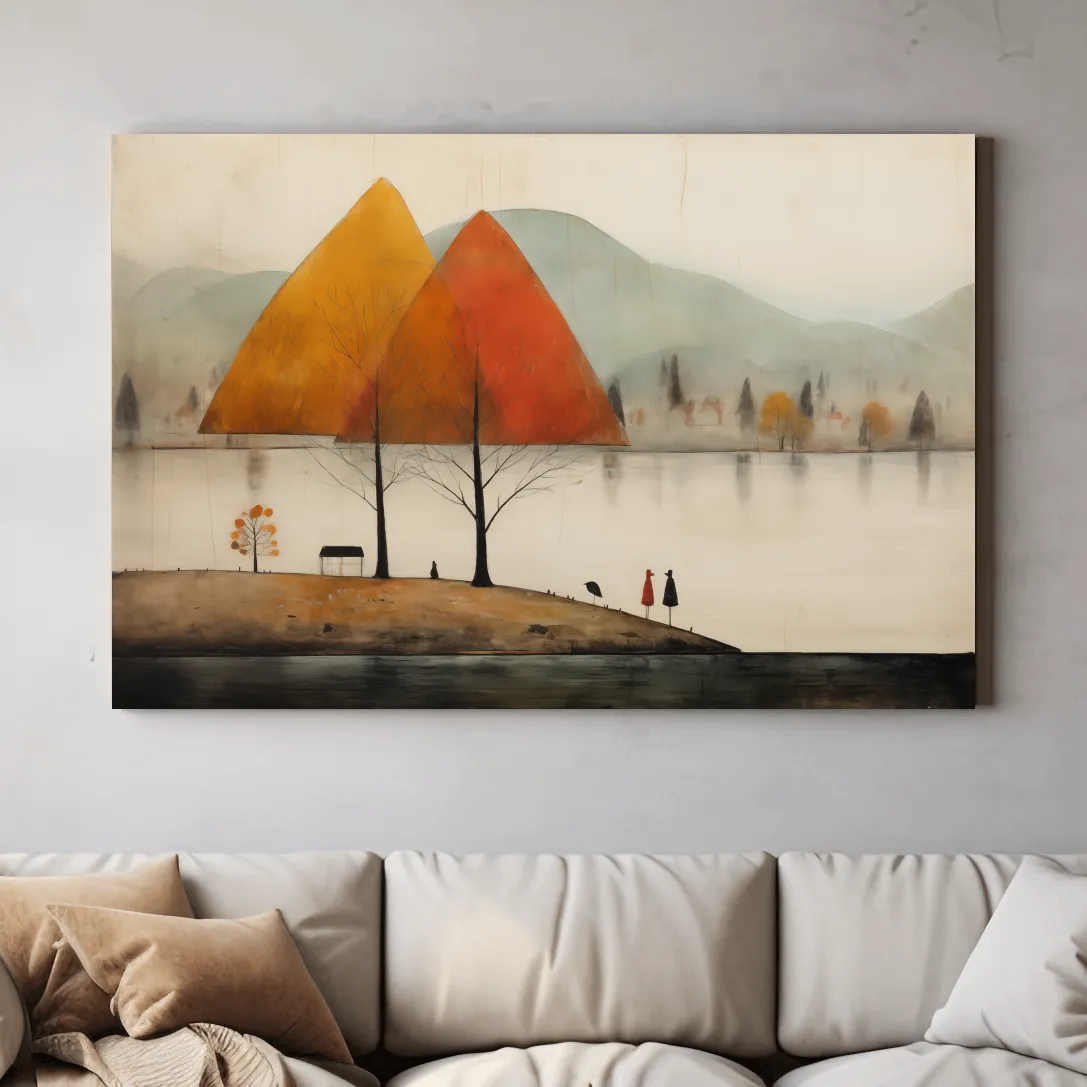 Autumn Mountains Over Misty Lakeside - Quirky Landscape Artwork