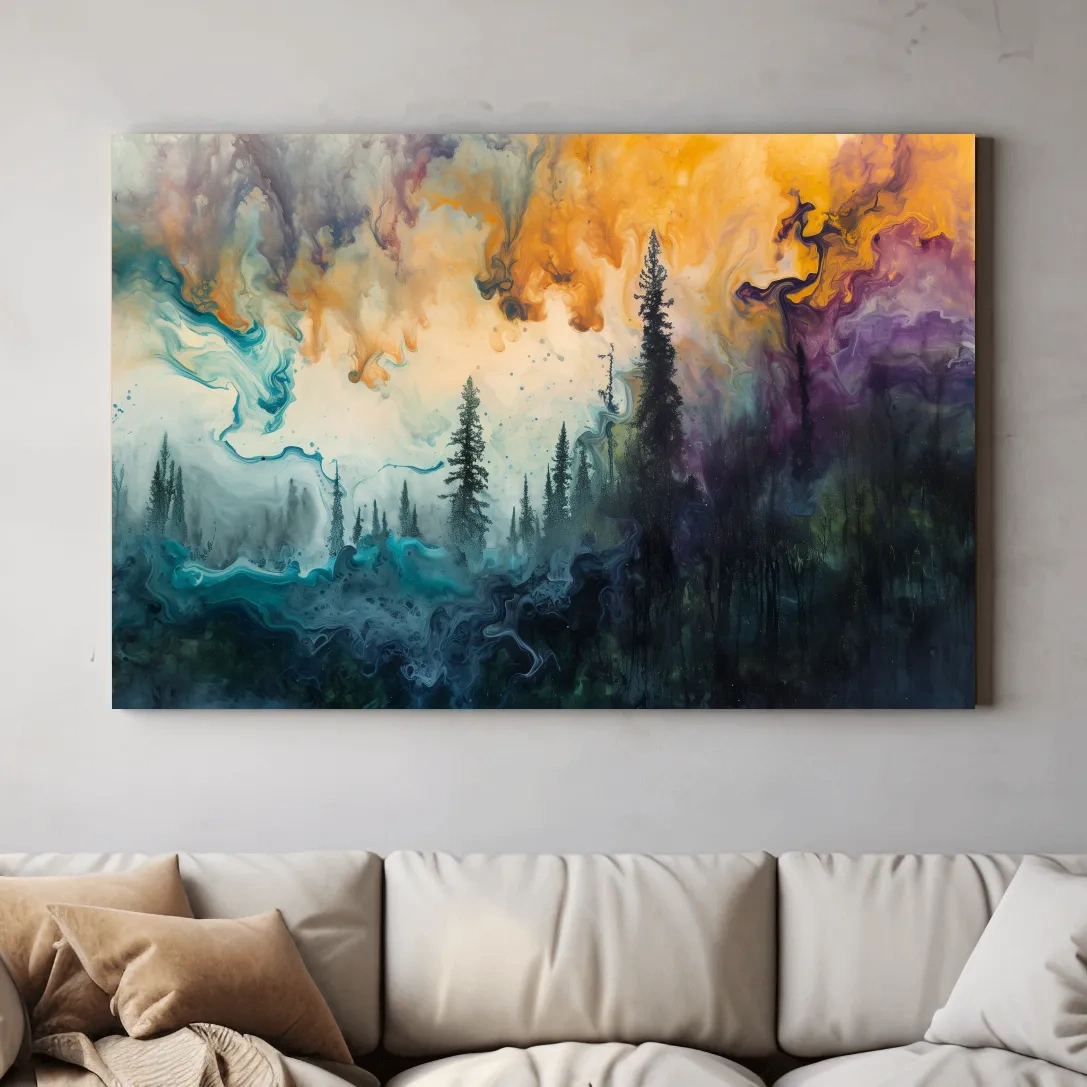 Abstract foggy forest painting, swirling colors and smoke
