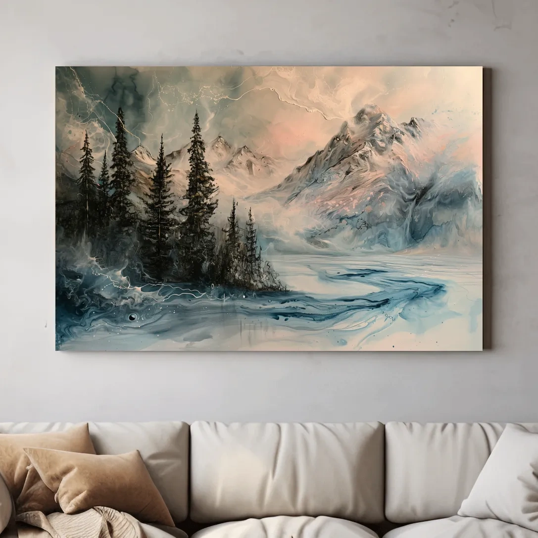 Abstract mountain painting artwork, treelined lake beneath a glacier