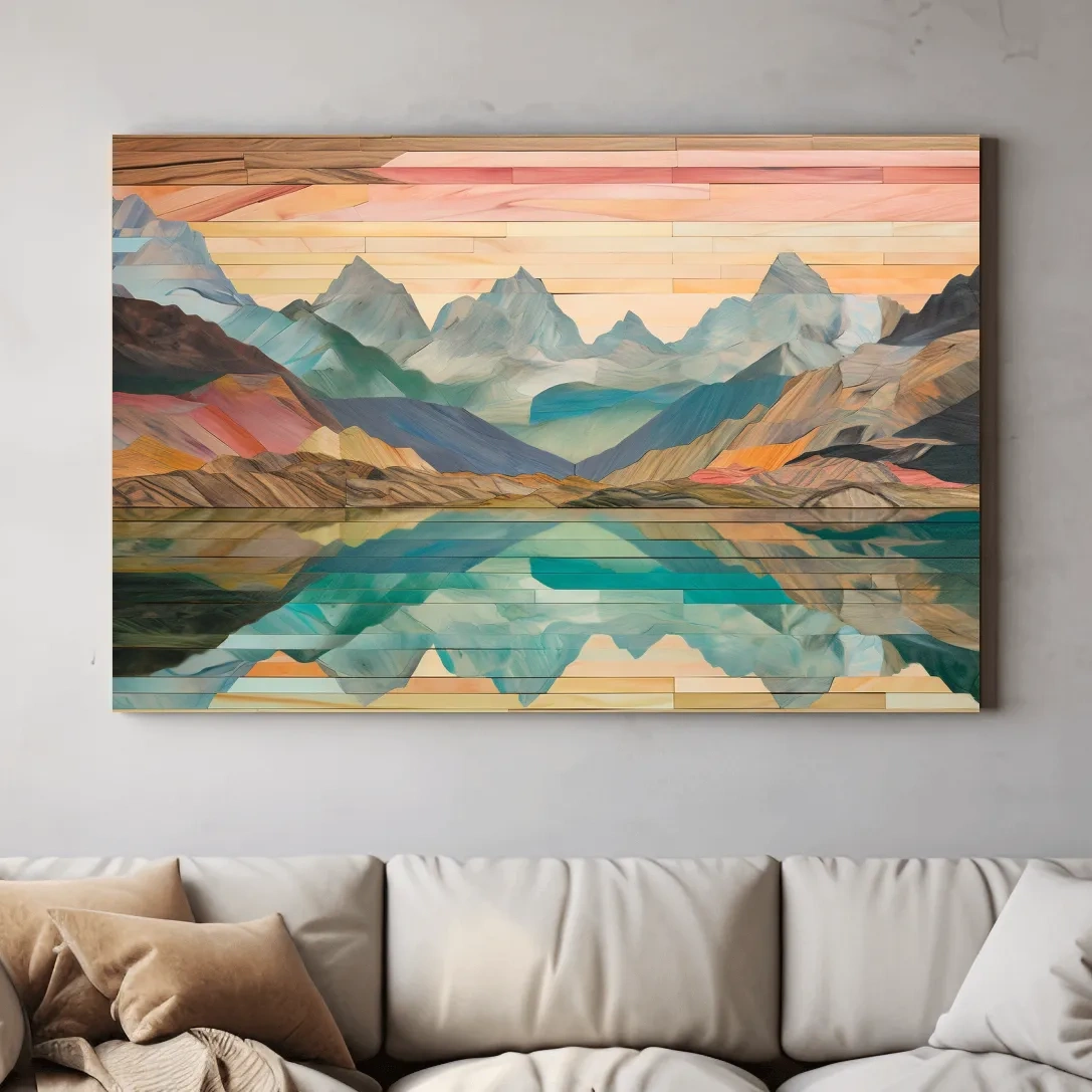 Alpine Lake Mountain Reflection - Layered Wooden Style Landscape Wall Art