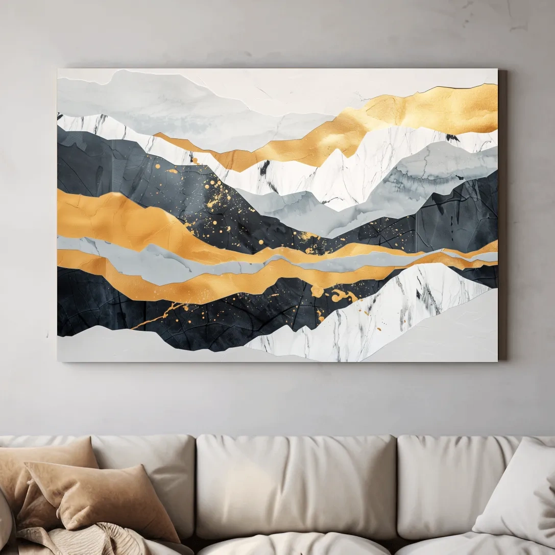 Abstract layered mixed media artwork, elegant mountain ridgelines, large format wall art