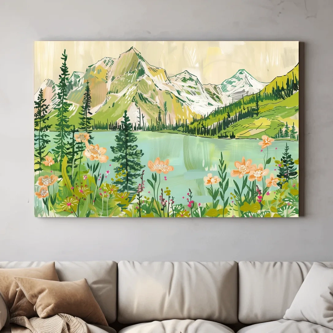 Alpine lake and mountains artwork, stylized painting style