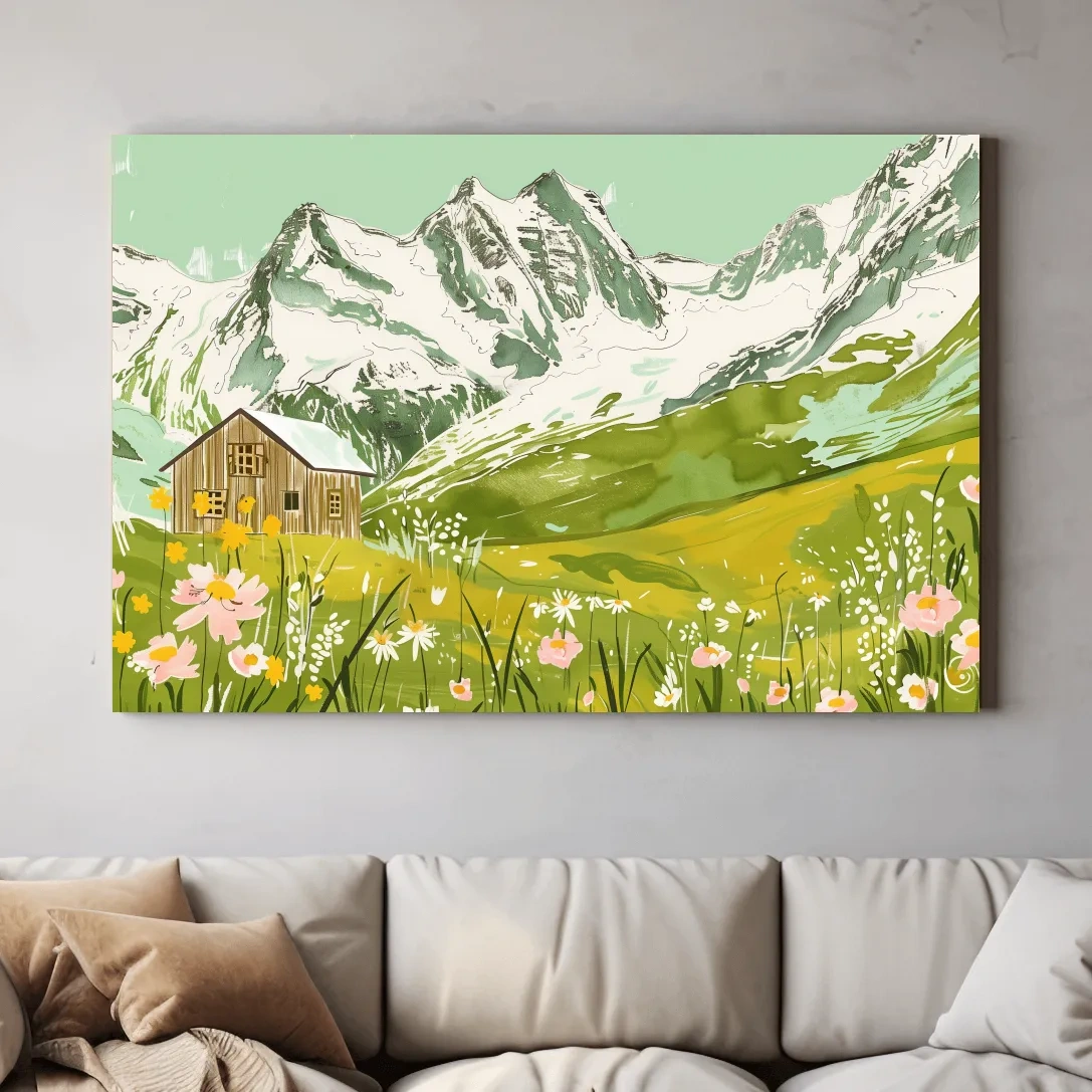 Alpine cabin artwork, flowers and glacier, stylized sketch painting style