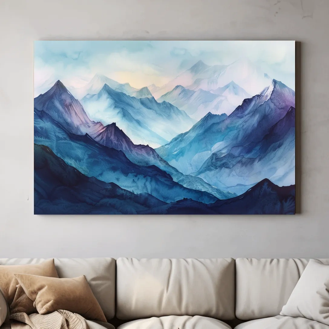 Watercolour mountain painting, colourful mountain landscape artwork