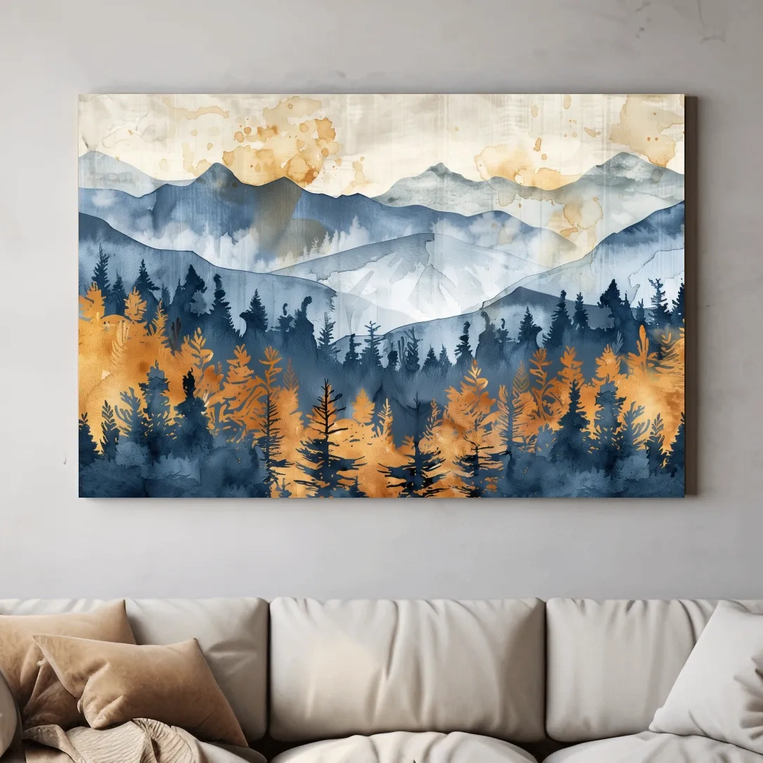 Watercolor Mountain Forest Landscape - Abstract Golden Autumn Pines Wall Art