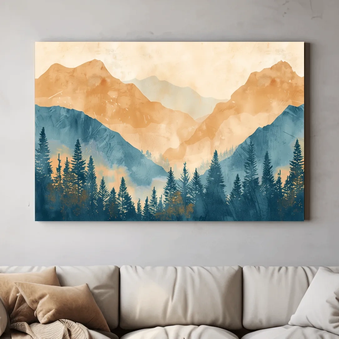 Watercolour painting, foggy treeline in the mountains, textured art style