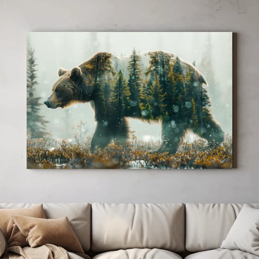 Double exposure photography, grizzly bear in the forest