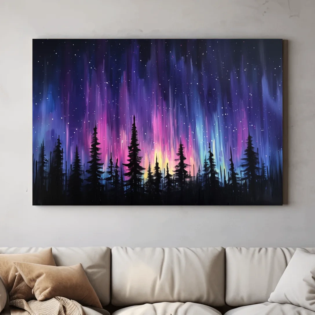 Painting of silhouetted trees against purple and pink northern lights sky