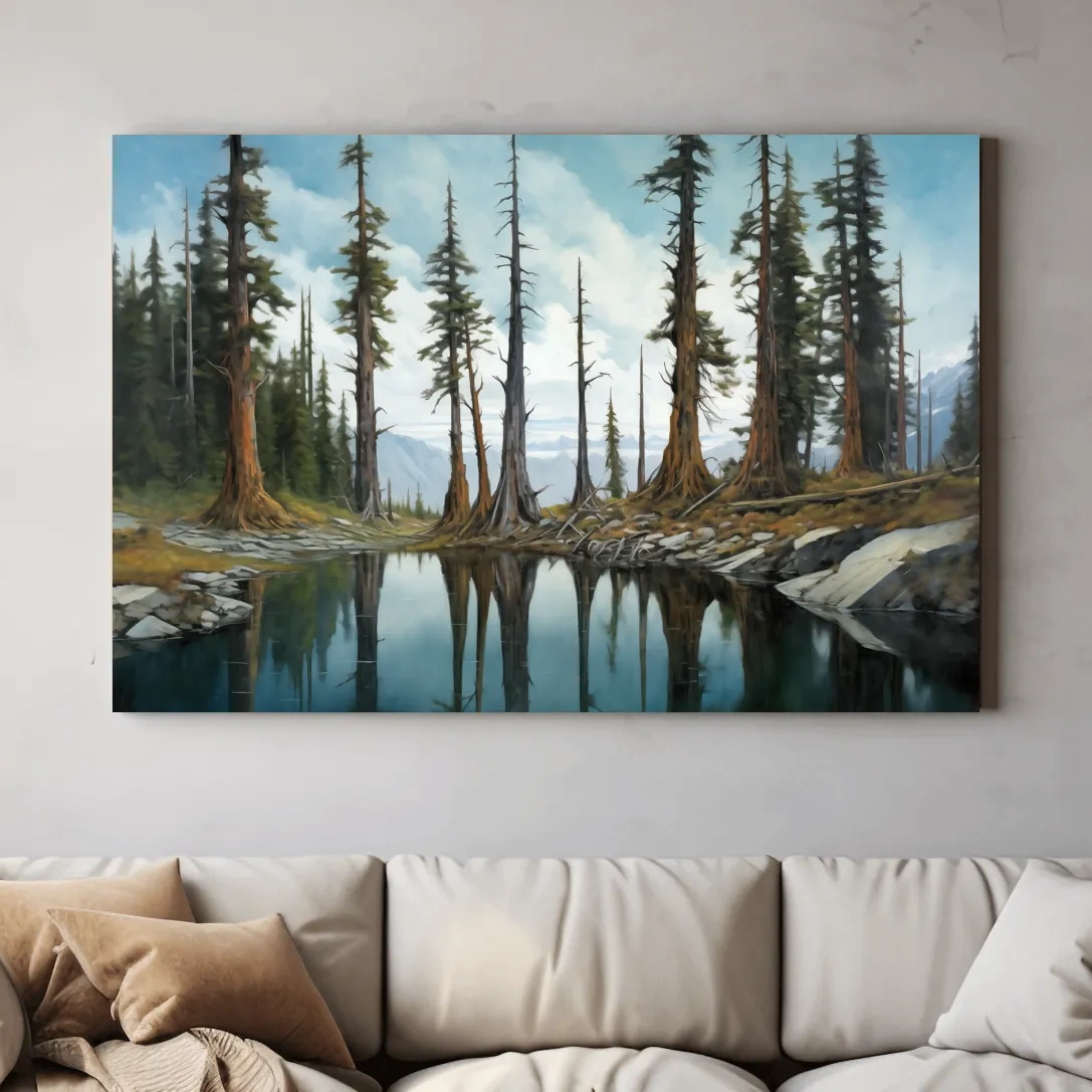 Painting of a line of trees beside a lake and mountains, forest artwork