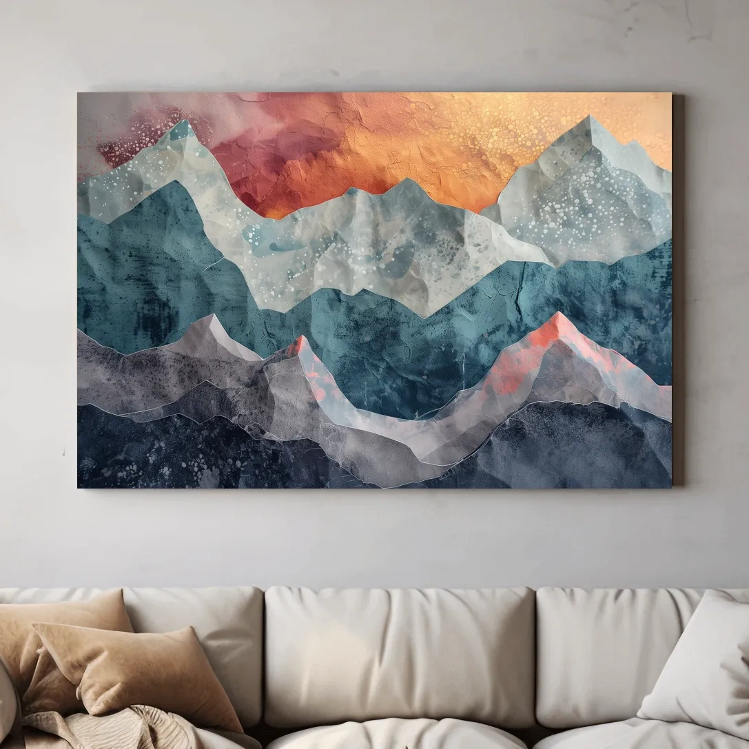 Abstract sunset mountain artwork, 3d textured paper effect