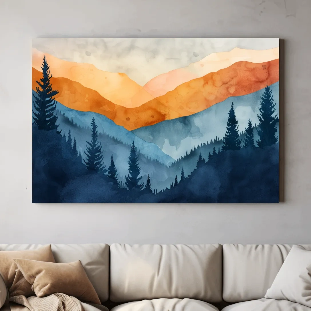 Mountain landscape and forest watercolour painting wall art