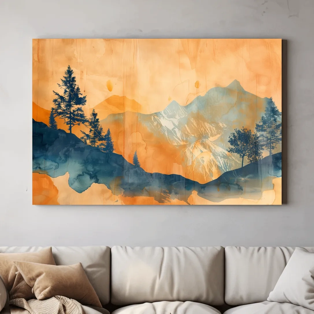 Abstract watercolor painting wall art, trees, mountains and glacier