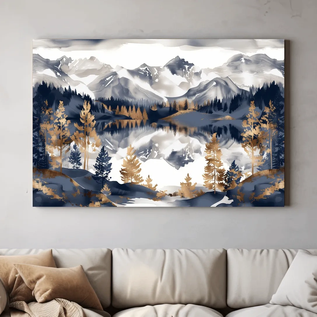 Gold Leaf Style Watercolor Alpine Lake Reflection - Mountain Landscape Artwork