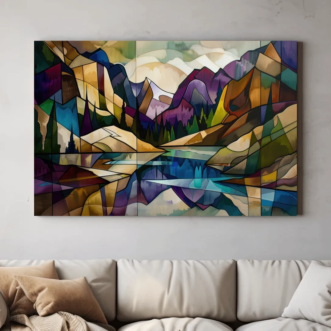 Abstract Stained Glass Mountain Lake Landscape - Colorful Geometric Alpine Wall Art