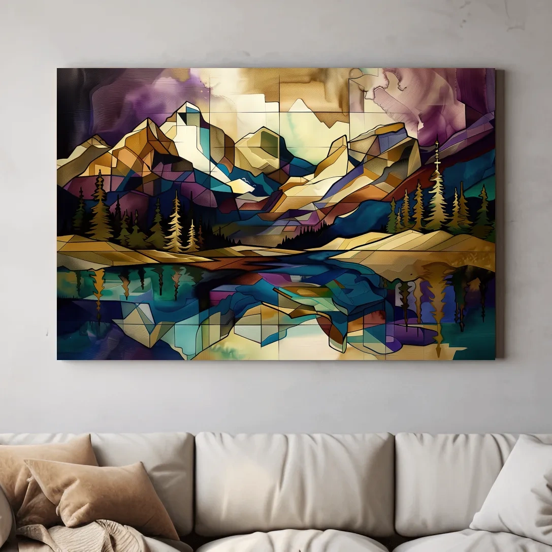 Treelined alpine lake and mountain scene, mixed media style colorful abstract painting