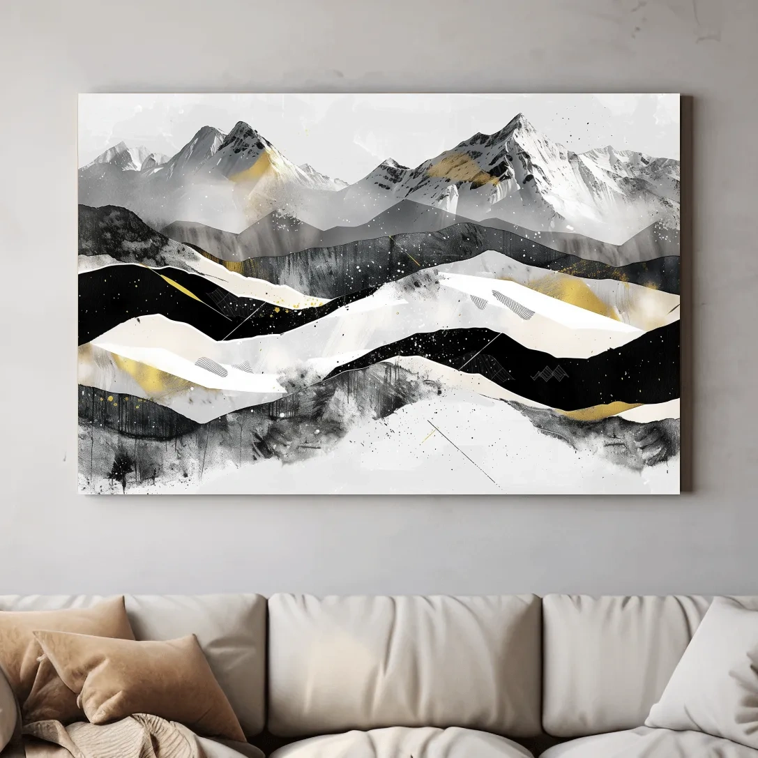 Snow capped mountains, modern black and white abstract artwork