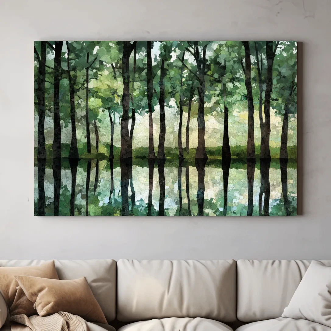Mosaic Watercolor Forest Lake Reflection - Serene Nature Landscape Wall Art