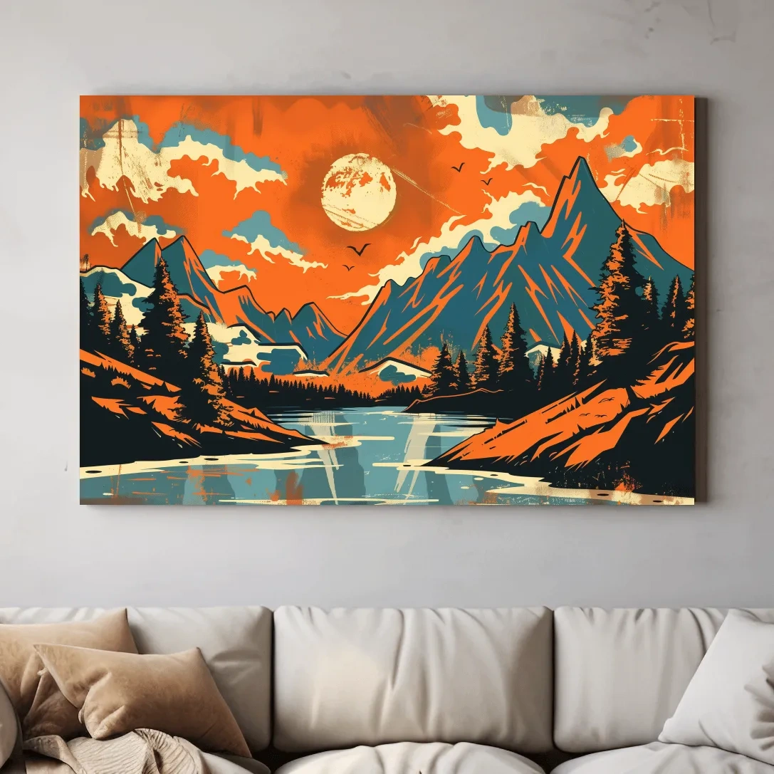 Vibrant Retro Mountain Lake Sunset Illustration - Bold Vector Landscape Wall Art