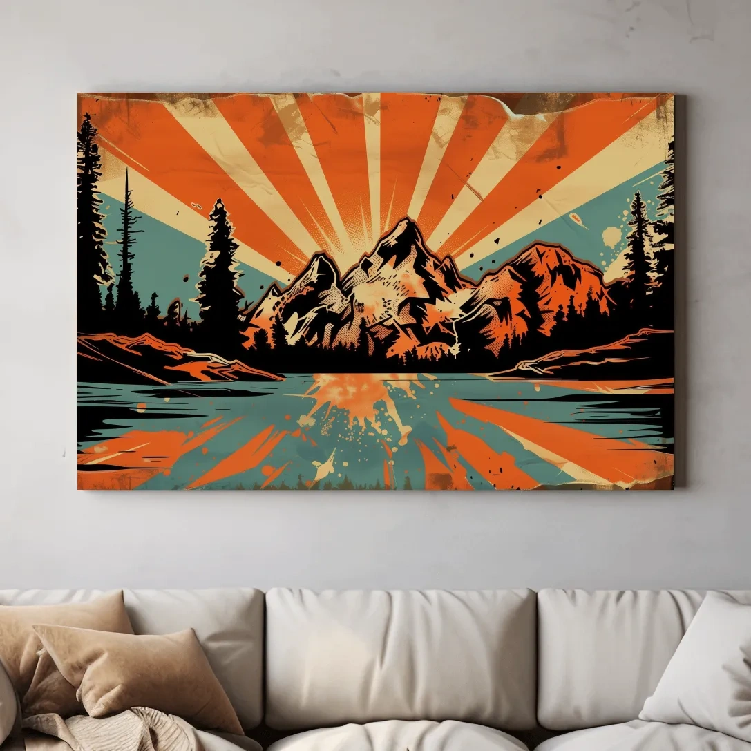 Retro comic book style halftone mountain wall art, sunrise rays from behind a glacier and alpine lake,