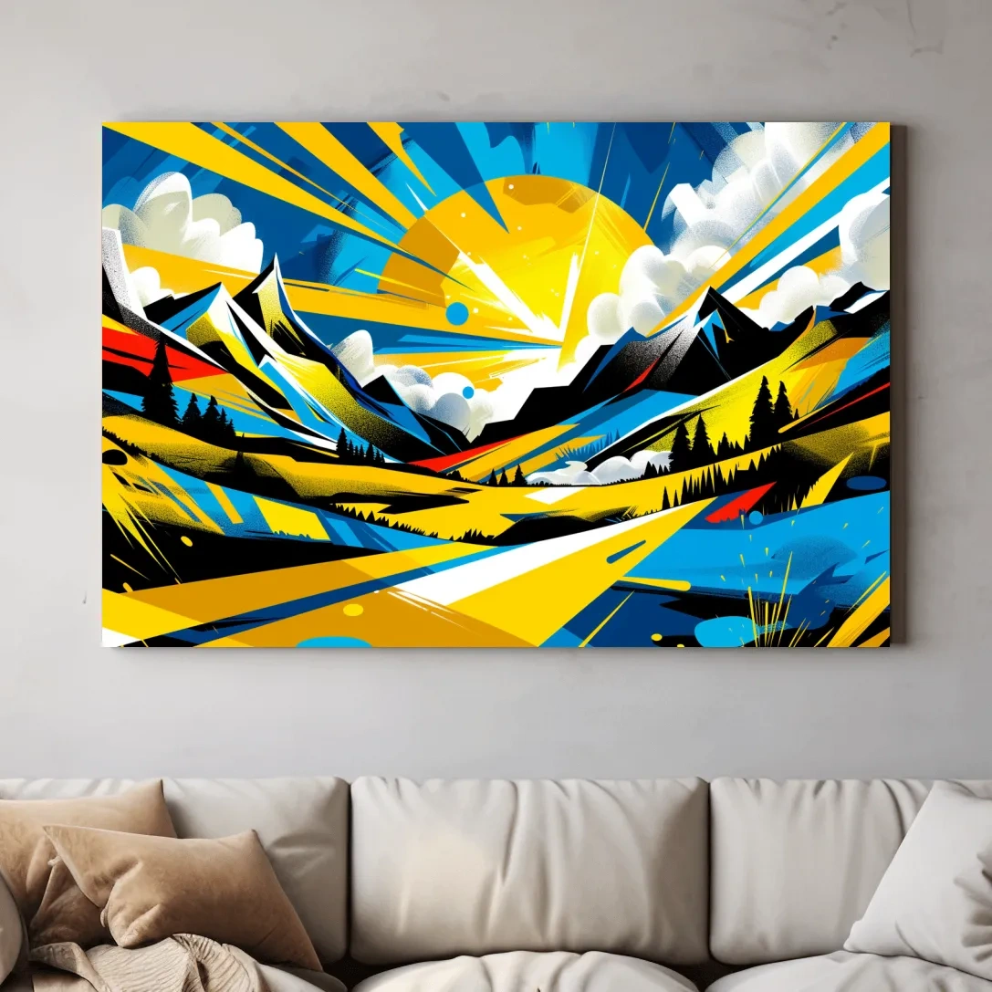 Graffiti style sunset mountain wall art, vibrant bright colorful artwork