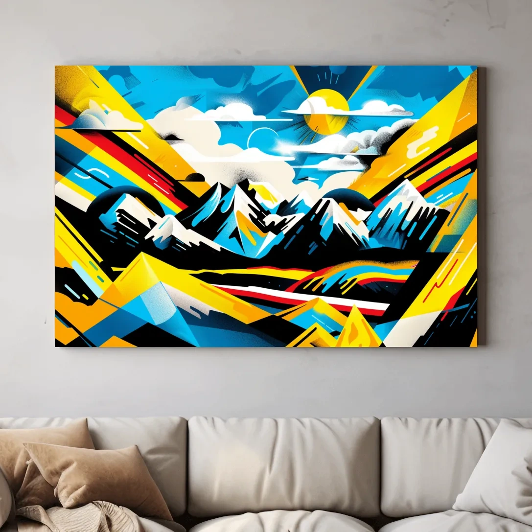 Vibrant bright colorful sunset mountain wall art, graffiti style illustration artwork