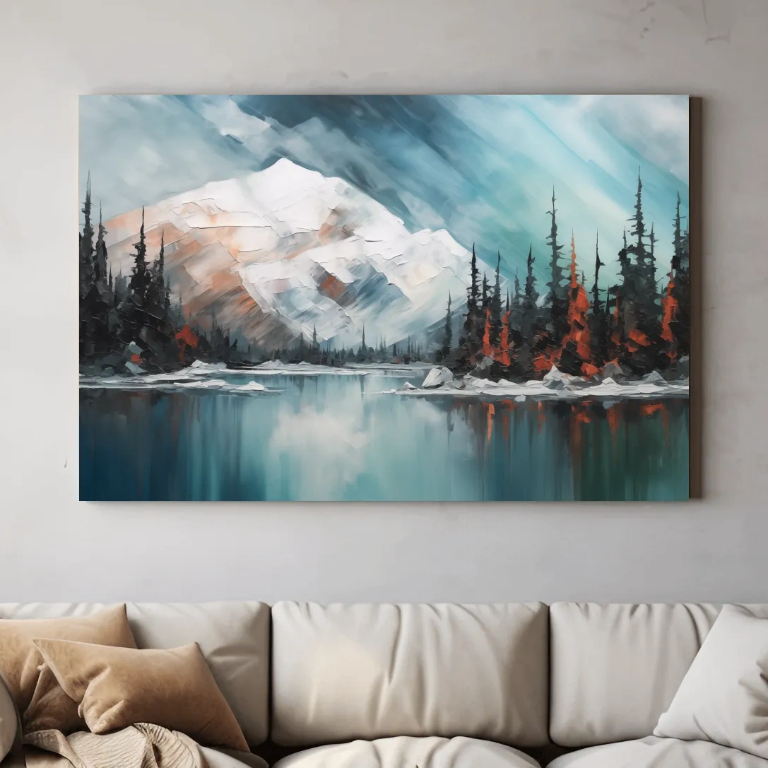 Oil painting of a snowy mountain and lake