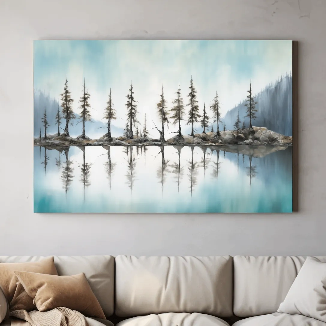 Painting of alpine trees lining a torqouise lake, Pacific Northwest artwork