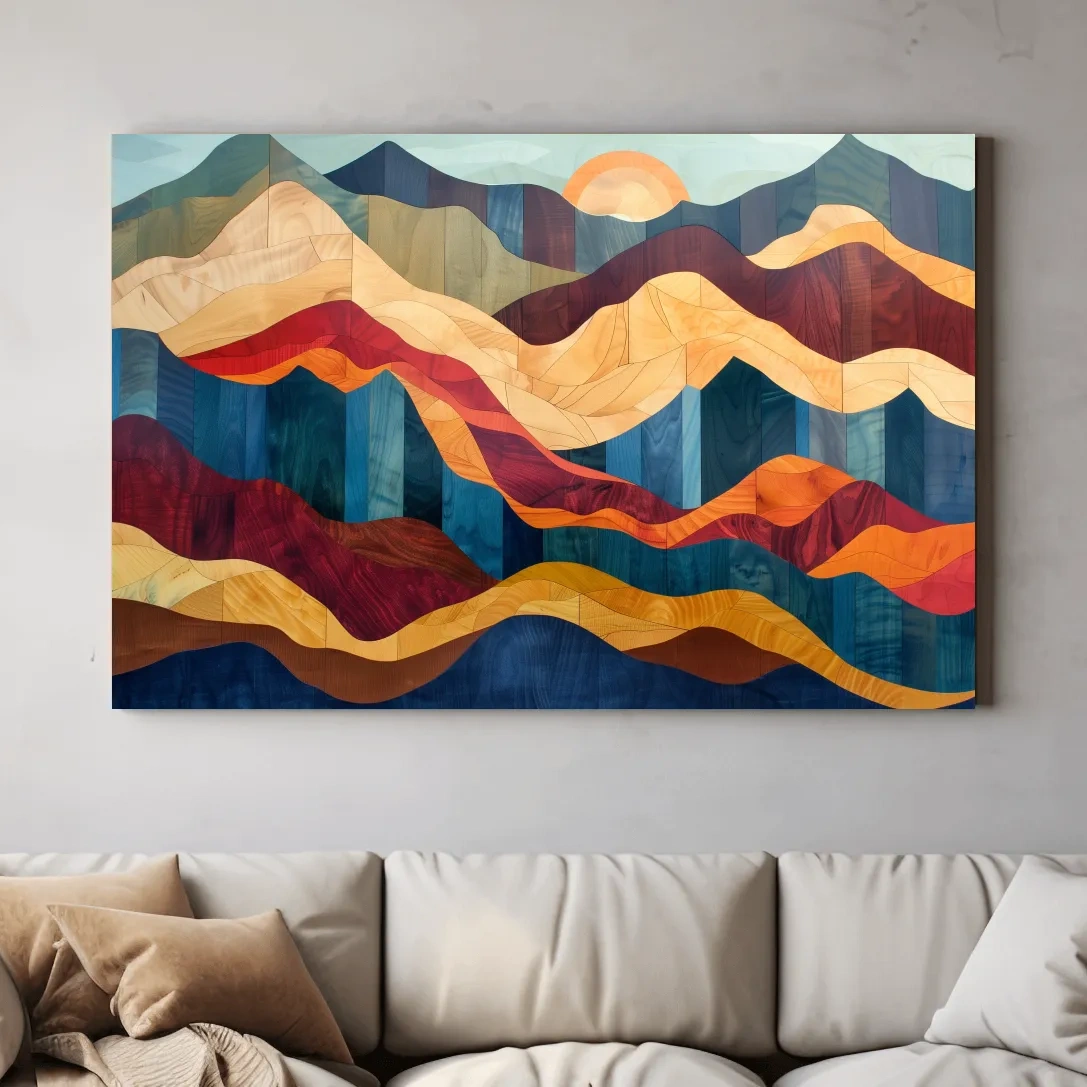 Wood intarsia style wall art, colorful mountain patterns with wood grain effect