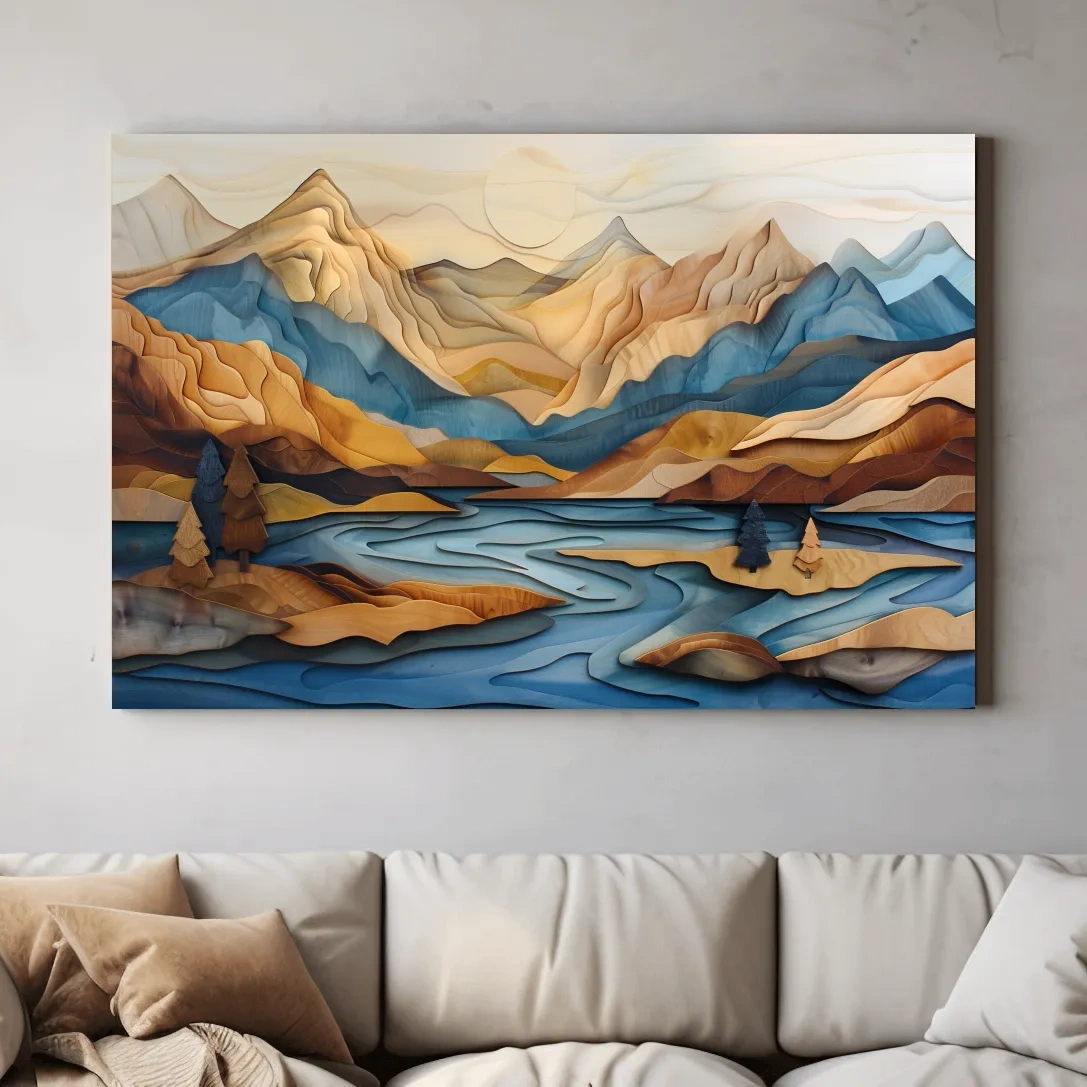 Alpine mountain and lake landscape scene, 3d layered effect wood intarsia style artwork