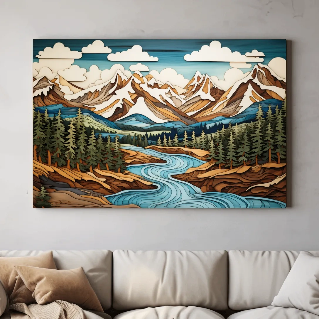 Intarsia style artwork of a mountain, river and forest landscape