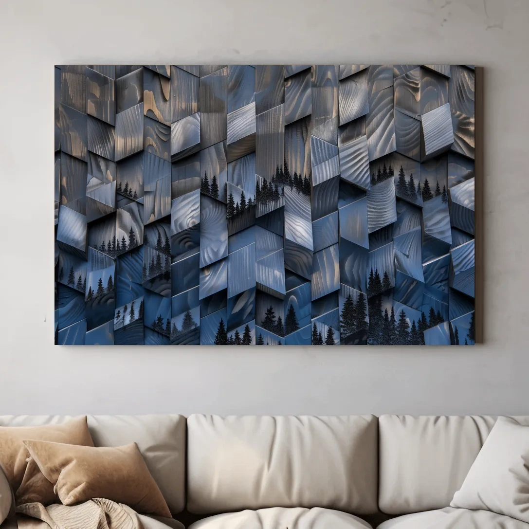 Wood Block Mountain Forest Collage - 3D Effect Abstract Landscape Wall Art