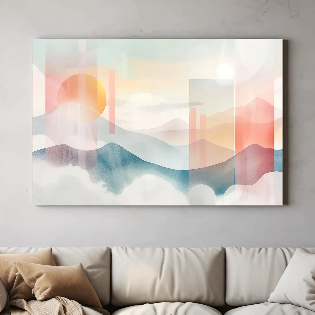 Mountains at sunset, soft pastel watercolor painting wall art