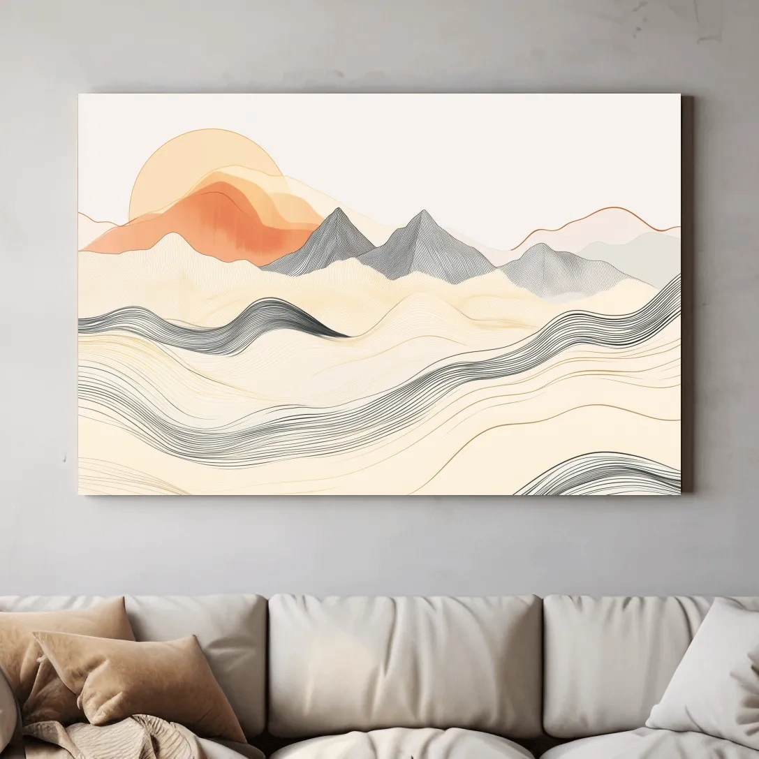 Minimalist Line Art Mountain Sunset - Abstract Landscape Wall Art