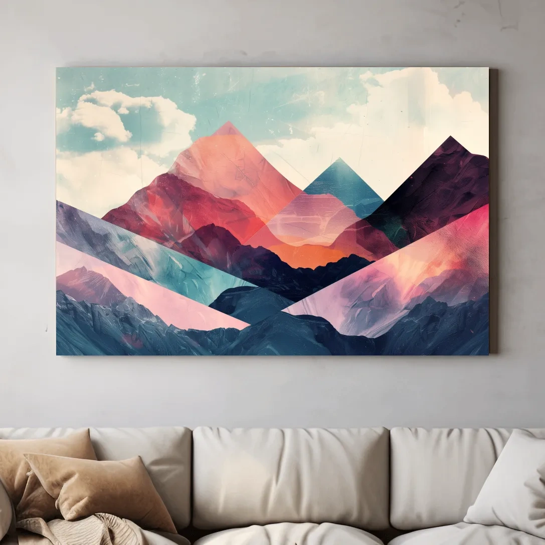Vibrant colorful mountain wall art, mixed media collage effect