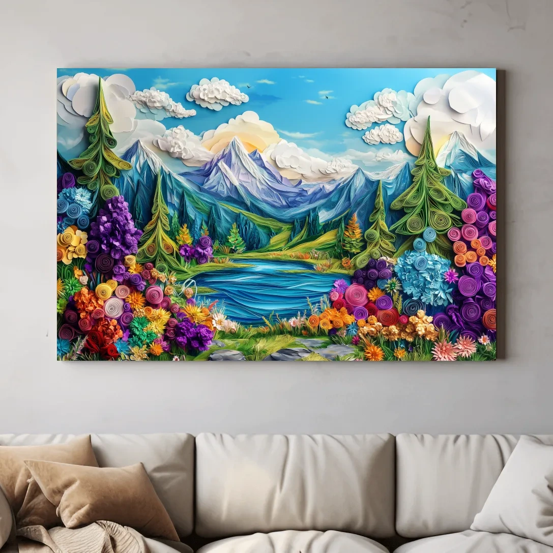 Vibrant alpine meadows artwork, 3D paper quilling effect