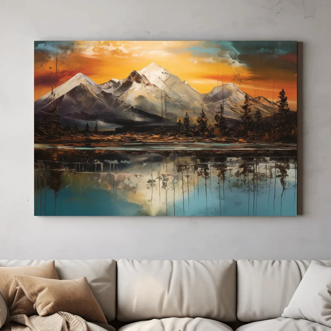 Abstract oil painting of an alpine lake at sunset