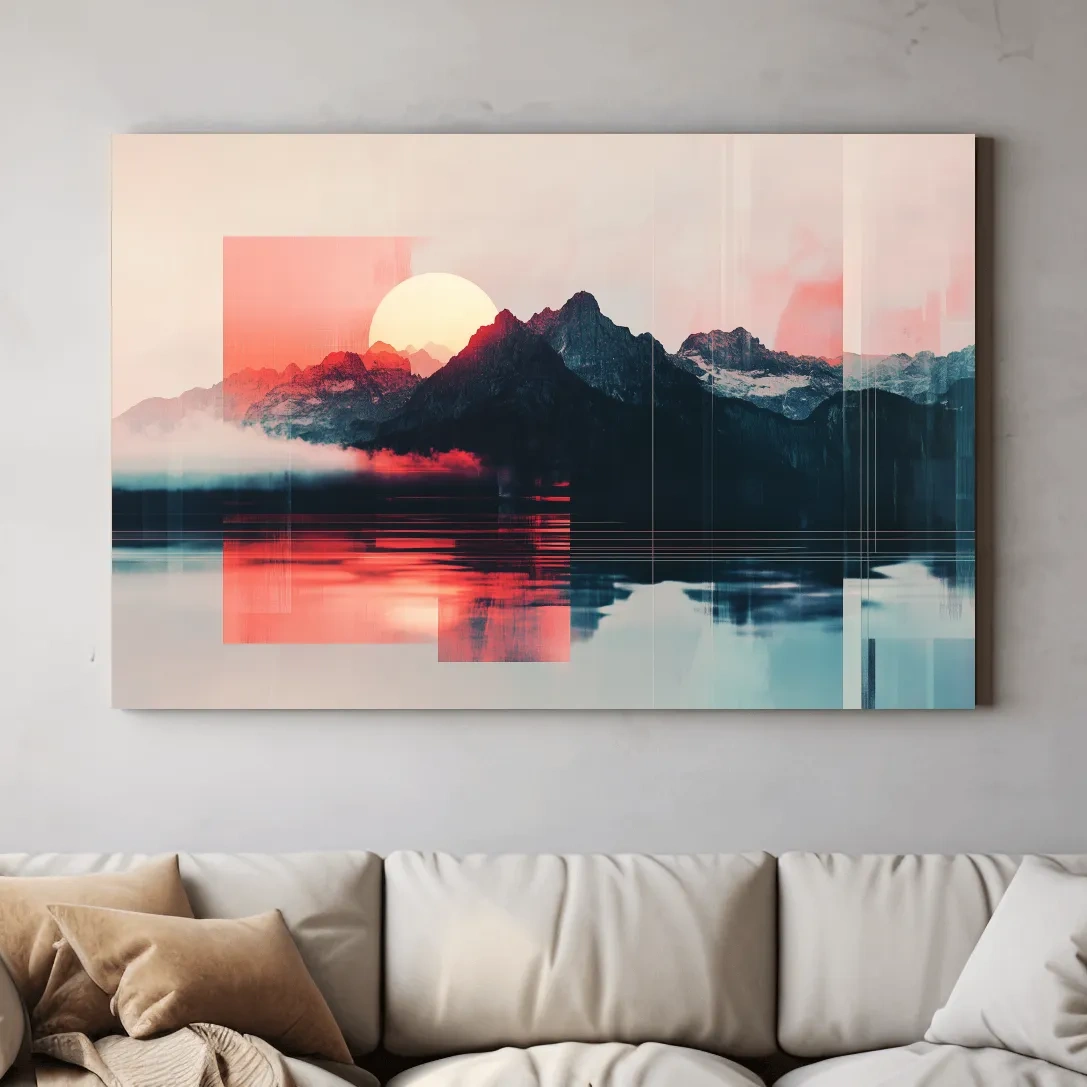 Sunset mountain wall art, glitch art effect