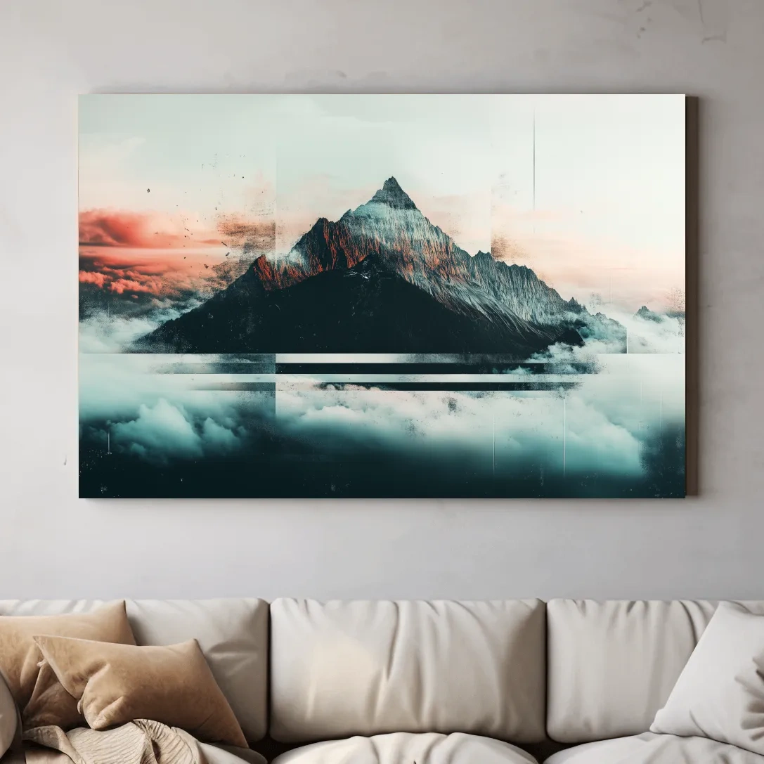 Abstract Sunset Alpine Peak Above Clouds - Glitch Style Mountain Wall Art