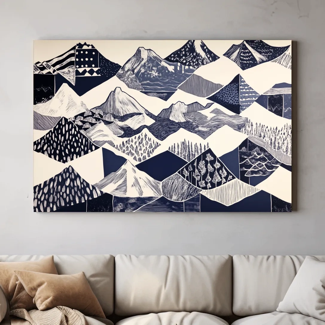 Linocut patchwork style mountain wall artwork print, black and white