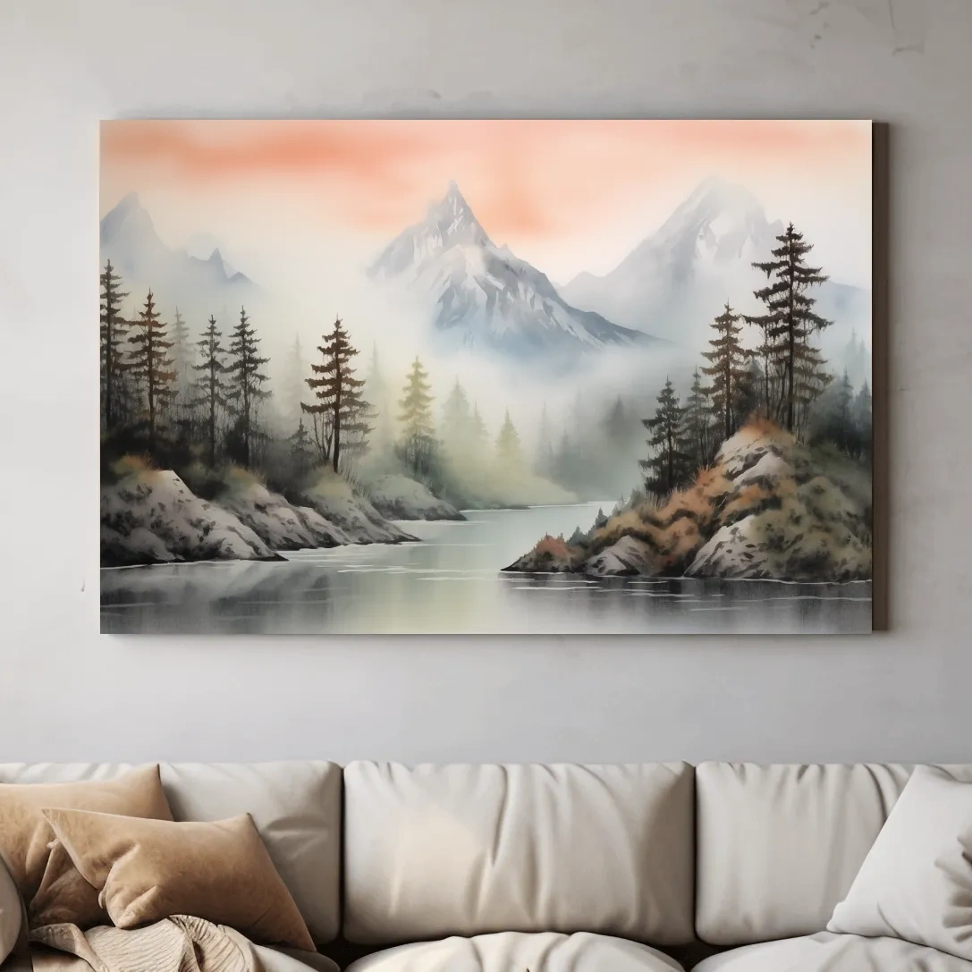 Chinese style ink wash watercolour painting of mountains