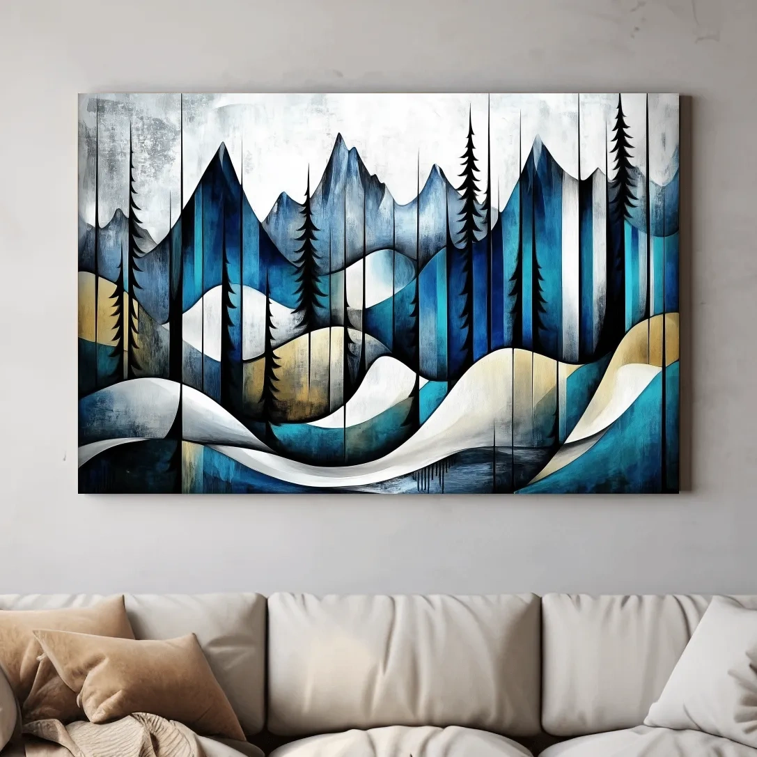 Abstract mountain painting, trees in the alpine, textured effect