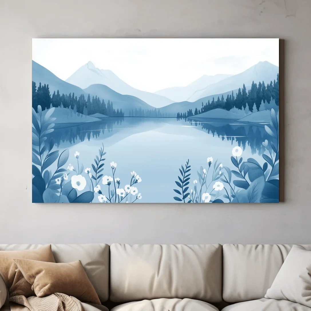 Serene landscape wall art, view over an alpine lake