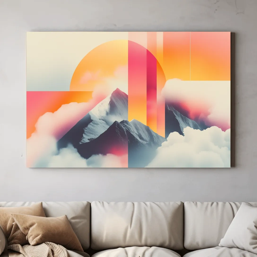 Retro style mountain wall art, sunset in the clouds