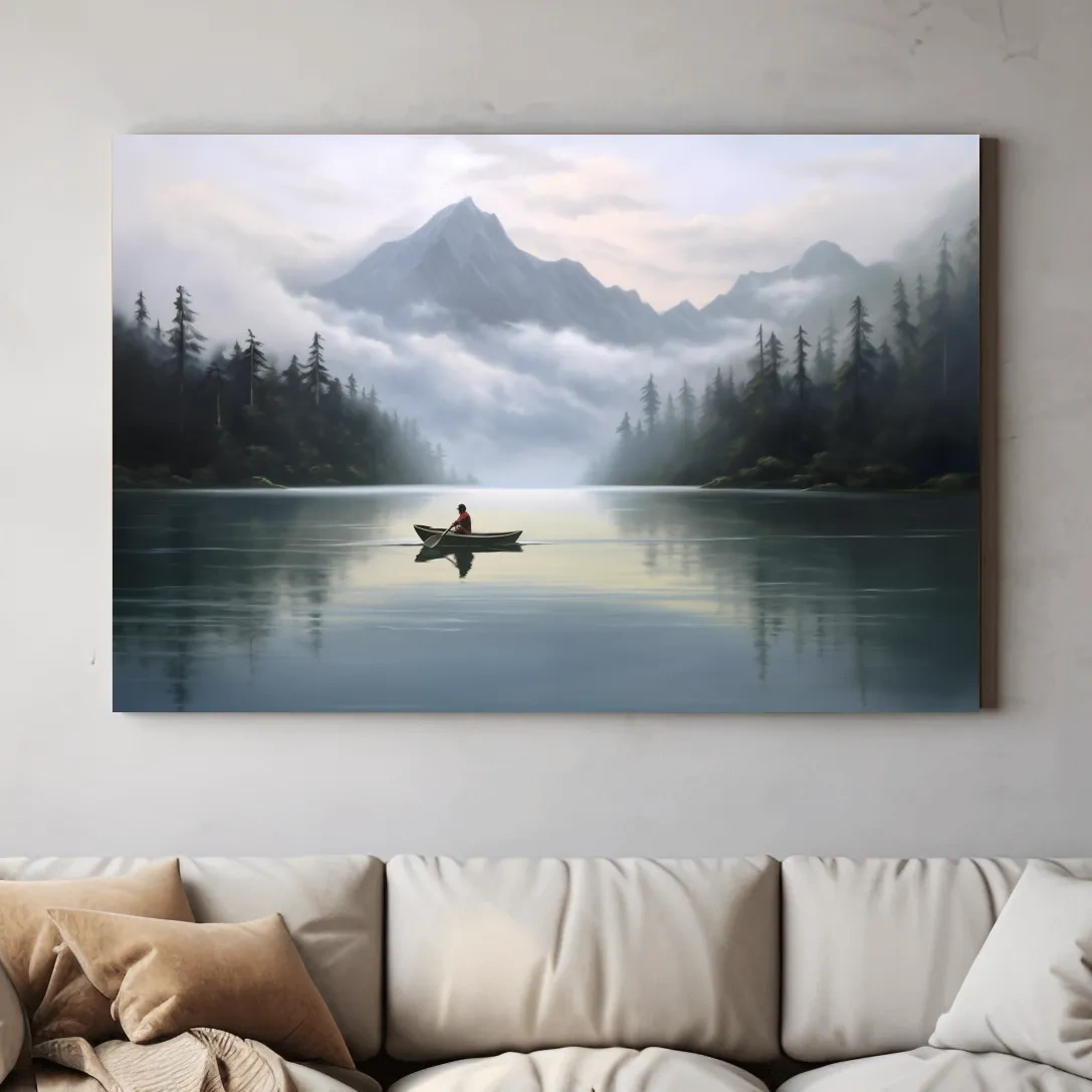 Misty Mountain Alpine Lake Canoe Scene - Serene Landscape Wall Art